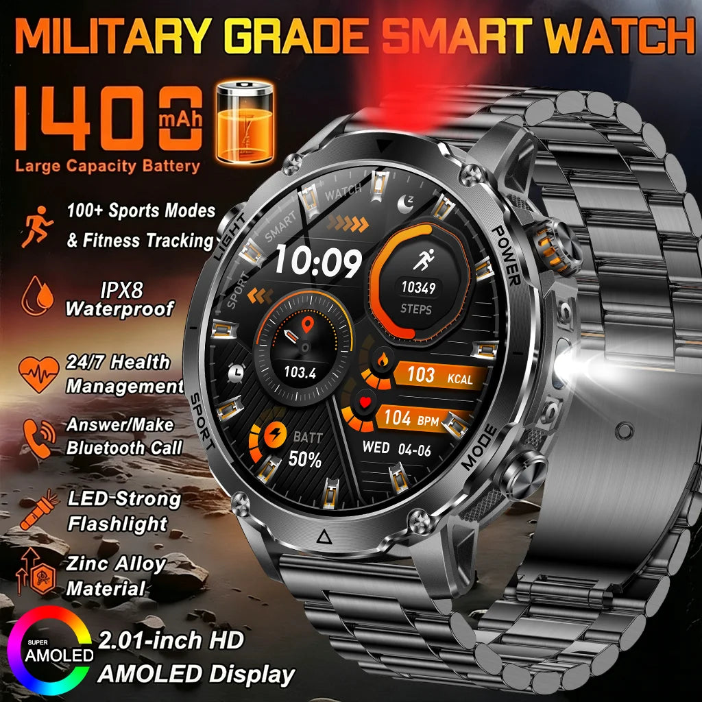Reloj Inteligente Militar 1400mAh IPX8 Linterna