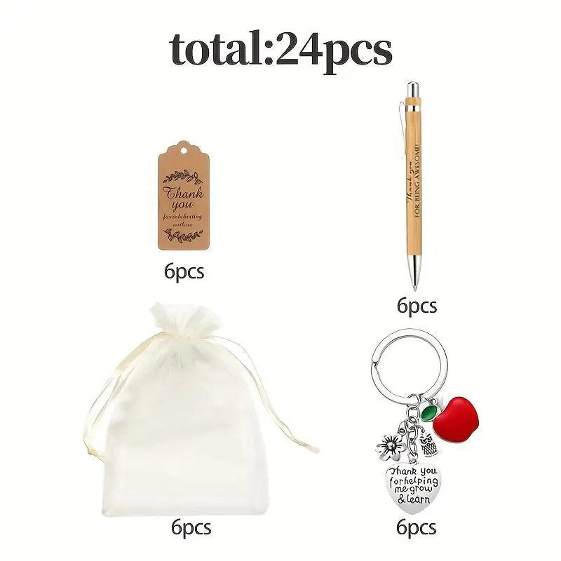 Set de Regalo de Agradecimiento para Maestros, 24 Piezas, 6 Sets, Bolígrafo de Bambú, Llavero, Tarjeta de Agradecimiento, Bolsa para Graduación Escolar, Jubilación, Festividades