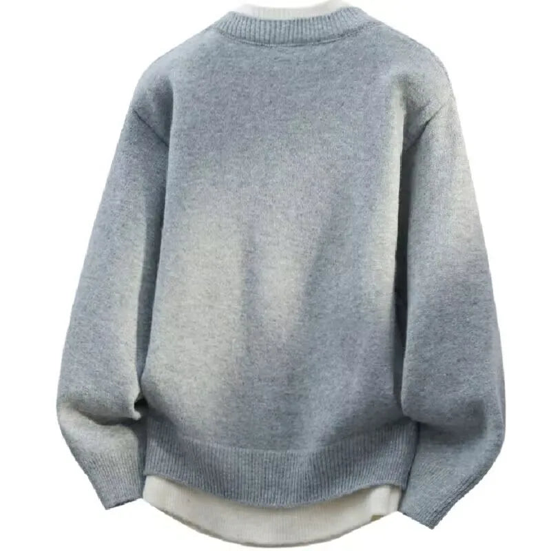 Jersey falso de dos piezas para hombre, cárdigan con cuello redondo, ropa de manga larga, suéter de punto informal juvenil cómodo y térmico