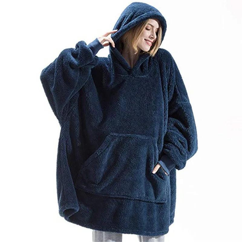 Sudadera con capucha de lana de doble cara para mujer y hombre, manta de gran tamaño con Bolsillo grande, sudaderas sueltas cálidas para pareja, bata de invierno 2024