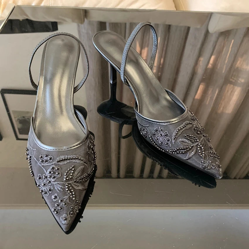 Sandalias de Tacón Alto con Malla Bordada y Cuentas para Mujer