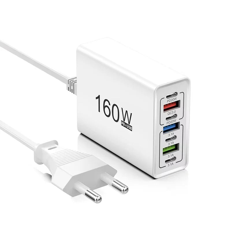 Cargador Rápido 160W 7 Puertos USB y USB-C, QC3.0, Pared Universal