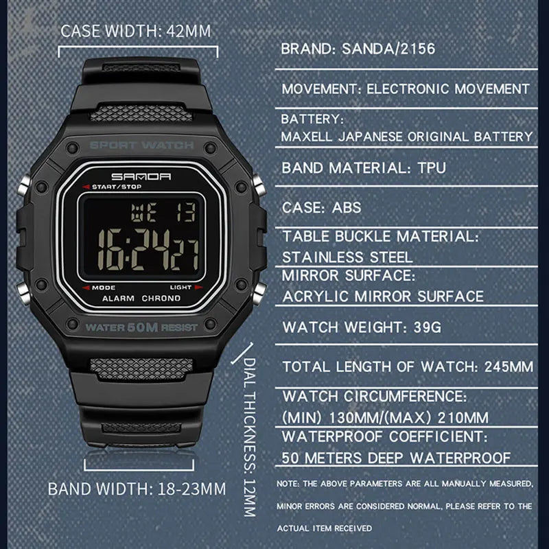 SANDA 2156 reloj de moda para hombre, relojes deportivos militares resistentes al agua, relojes de pulsera digitales Led con esfera grande del ejército, cronómetros para hombre