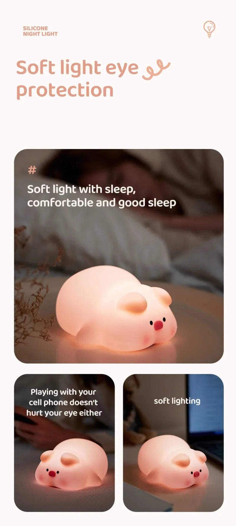 Luz nocturna de cerdito rosa, bonita luz nocturna de silicona, lámpara LED Pat, decoración de habitación, carga USB, lámpara de ambiente interior, regalo para niños