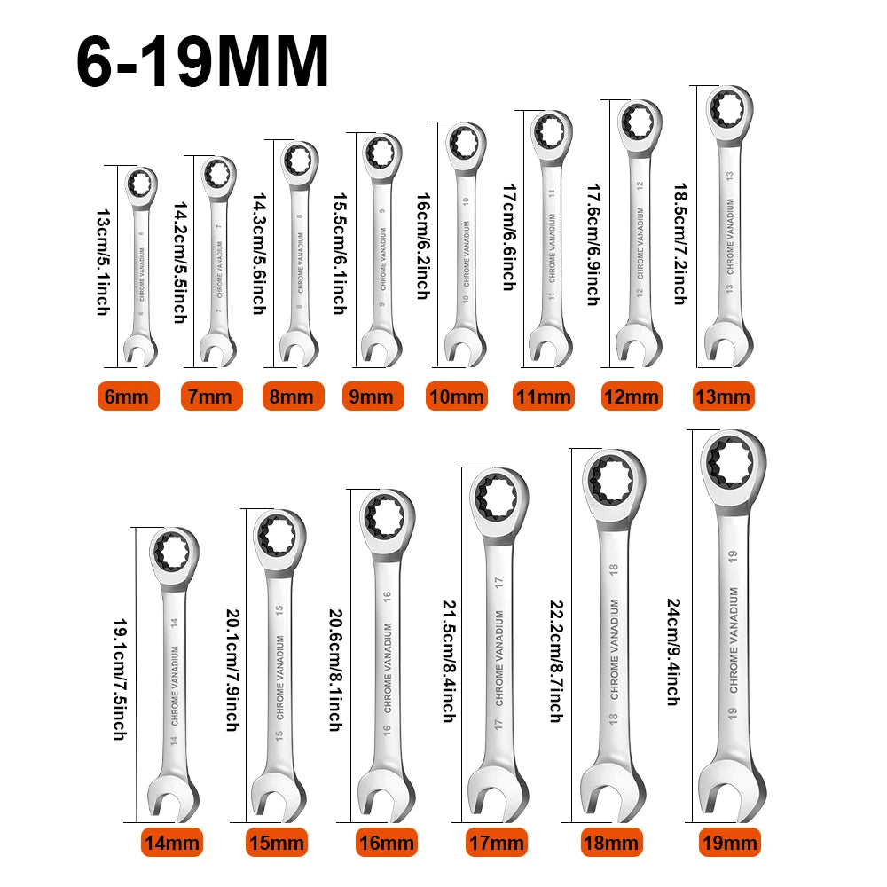 Juego de llaves de trinquete de cabeza fija, 1 piezas métrica de 6-30mm, acero al cromo vanadio, llaves universales para reparación de automóviles, herramientas manuales