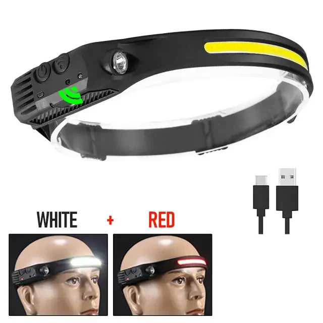 Linterna Frontal LED COB Recargable USB con 5 Modos para Camping