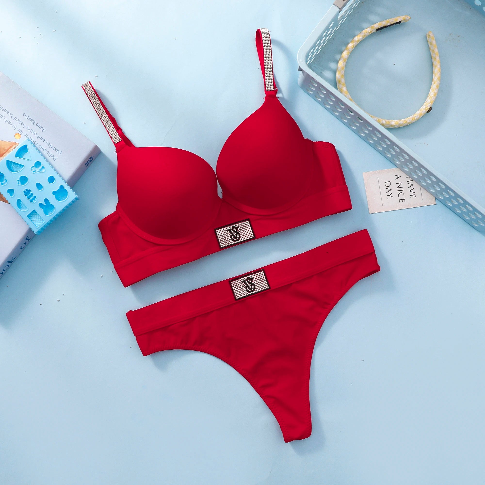 Conjunto de Sujetador Push Up sin Aros con Encaje y Bragas para Mujer