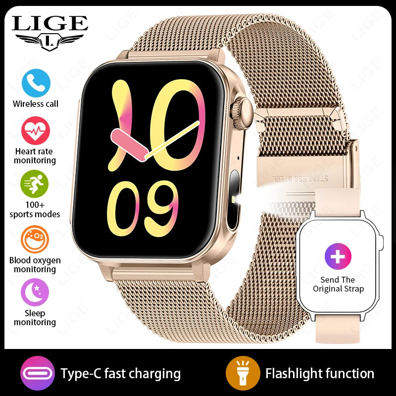 Smartwatch LIGE con llamadas Bluetooth, monitor de salud y carga rápida tipo C