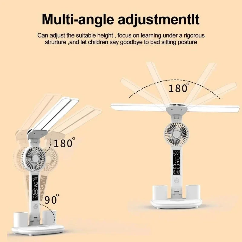 Lámpara de escritorio LED, lámpara de ventilador plegable portátil, reloj de pantalla inteligente, lámpara de escritorio recargable por USB, protección ocular, luz de escritorio de lectura para estudio