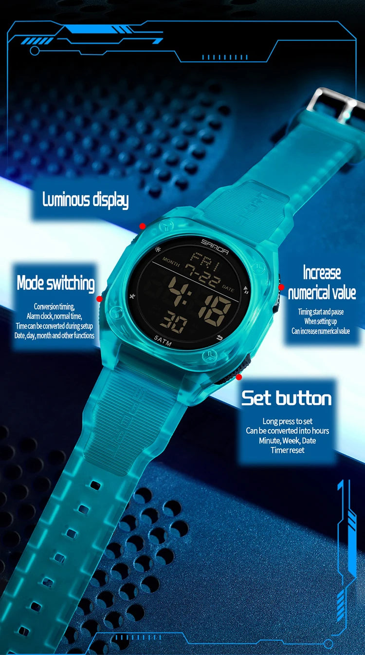Reloj Digital SANDA 6272 para Estudiantes, Luminoso y Resistente al Agua