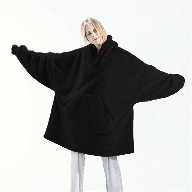Sudadera con capucha de lana de doble cara para mujer y hombre, manta de gran tamaño con Bolsillo grande, sudaderas sueltas cálidas para pareja, bata de invierno 2024