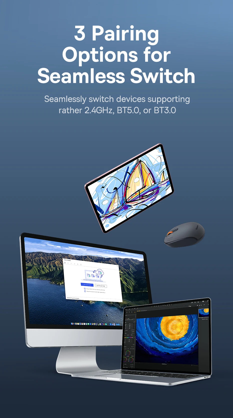 Ratón Baseus inalámbrico Bluetooth para ordenador, ratón silencioso de 1600DPI con receptor Nano USB de 2,4 GHz para PC, MacBook, tableta, portátil