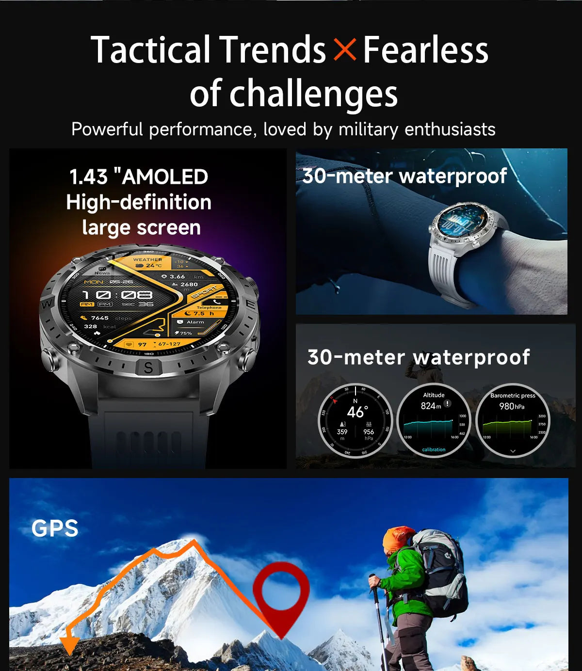 Reloj Inteligente con GPS, Mapa Offline, Linterna y 170 Deportes