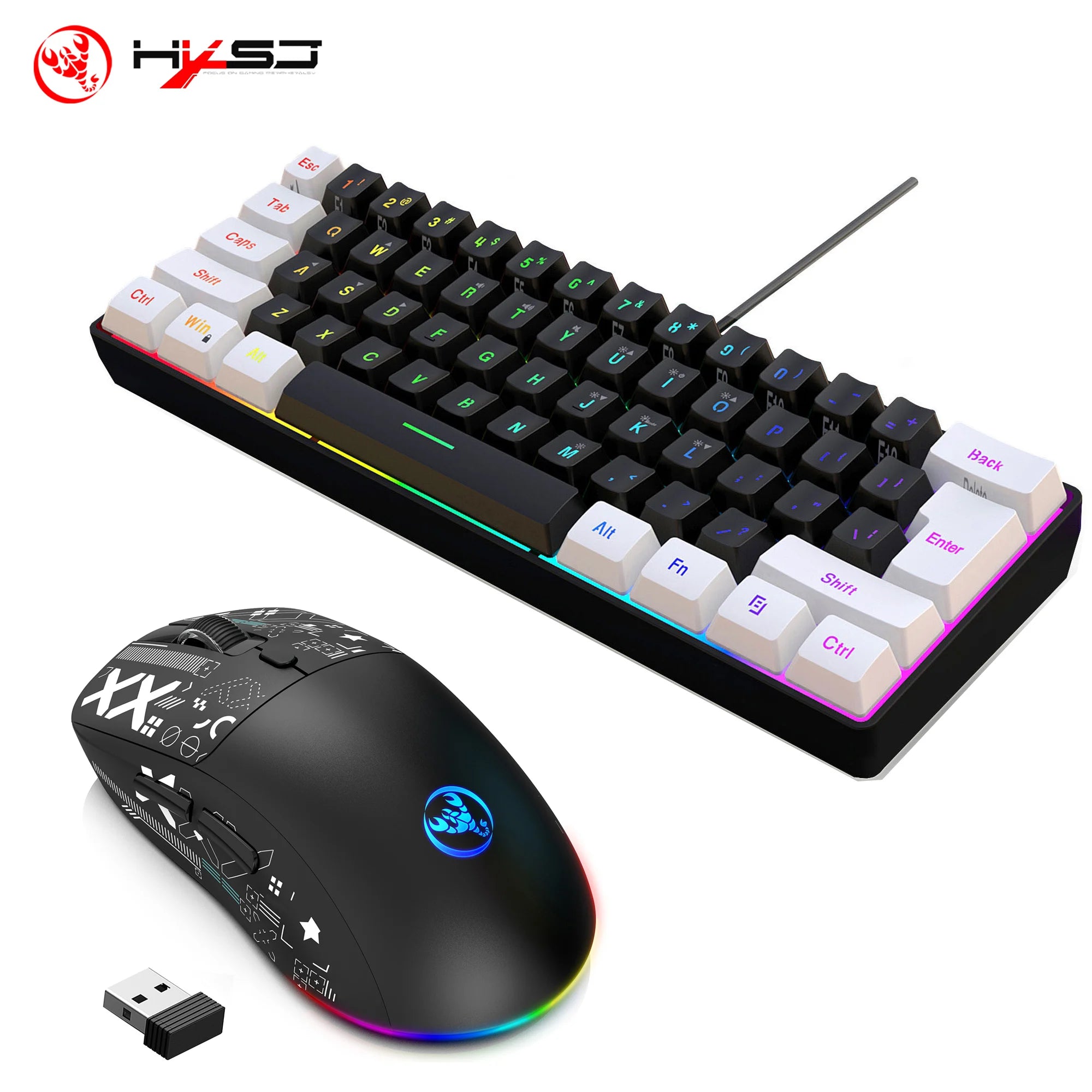 HXSJ-60% Juego de teclado y ratón retroiluminado RGB, teclado con cable de 61 teclas, ratón inalámbrico óptico para juegos de 3 modos para ordenador portátil y PC