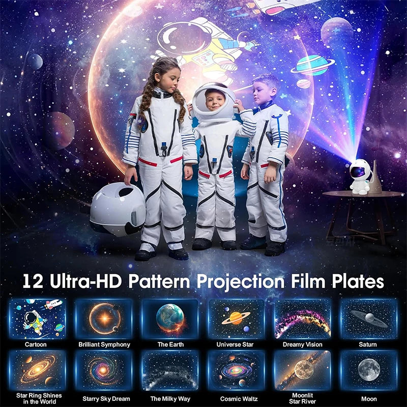 Proyector de luz nocturna Space Galaxy, diseño de astronauta ultraHD, 12 discos de película, pantalla LED con brillo ajustable