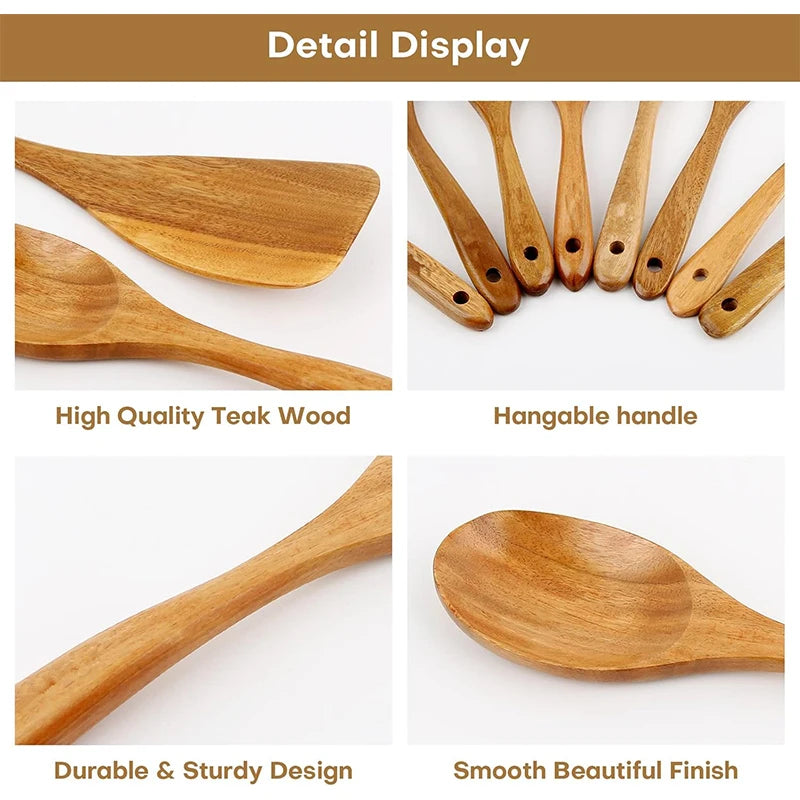 LMETJMA Paquete de 10 utensilios de cocina de madera de teca Natural, juego de utensilios de cocina con espátula y cucharas de madera para cocinar y hornear JT503