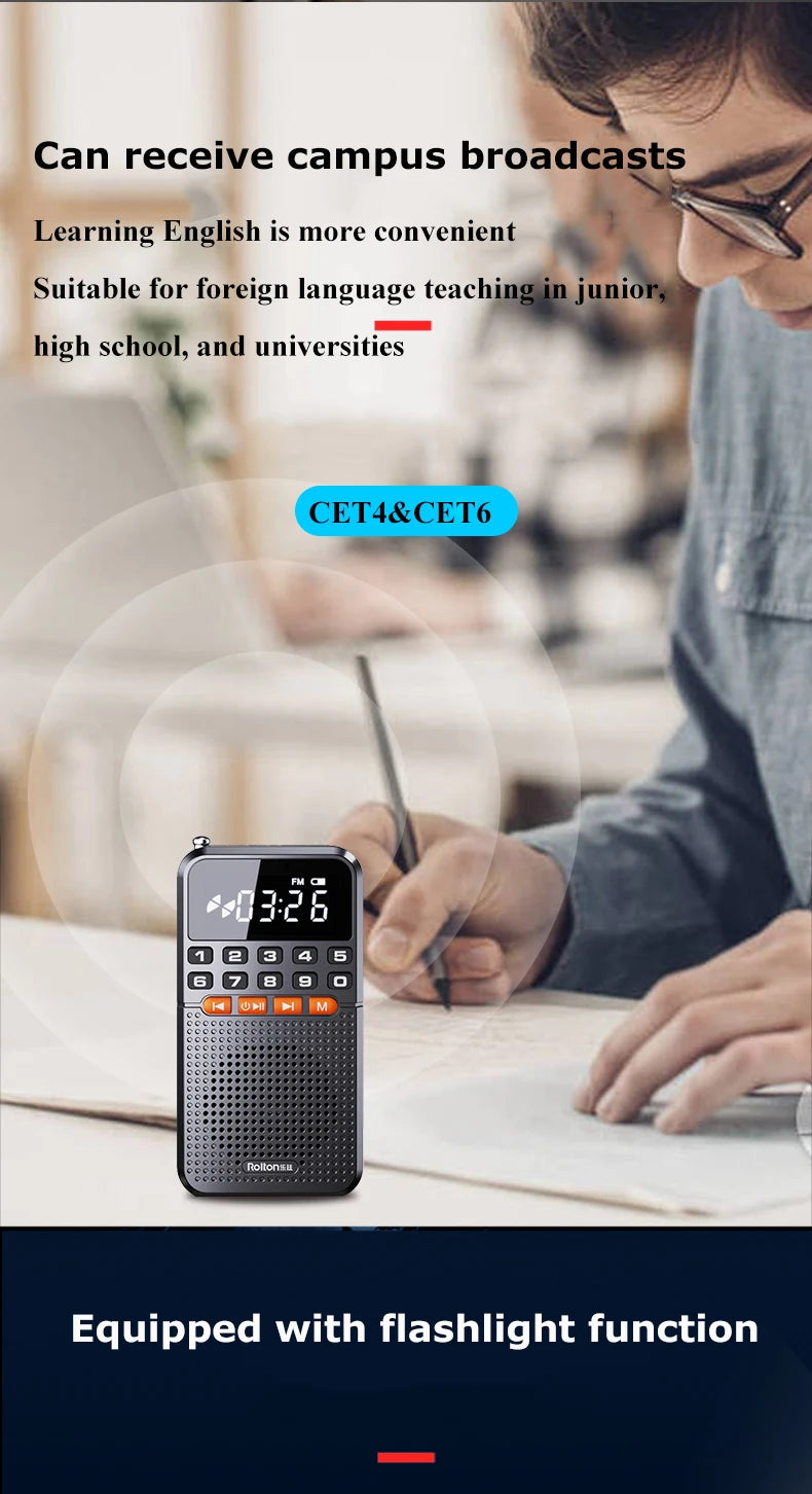 Mini Radio FM portátil Bluetooth 5.0 con tarjeta TF y linterna LED