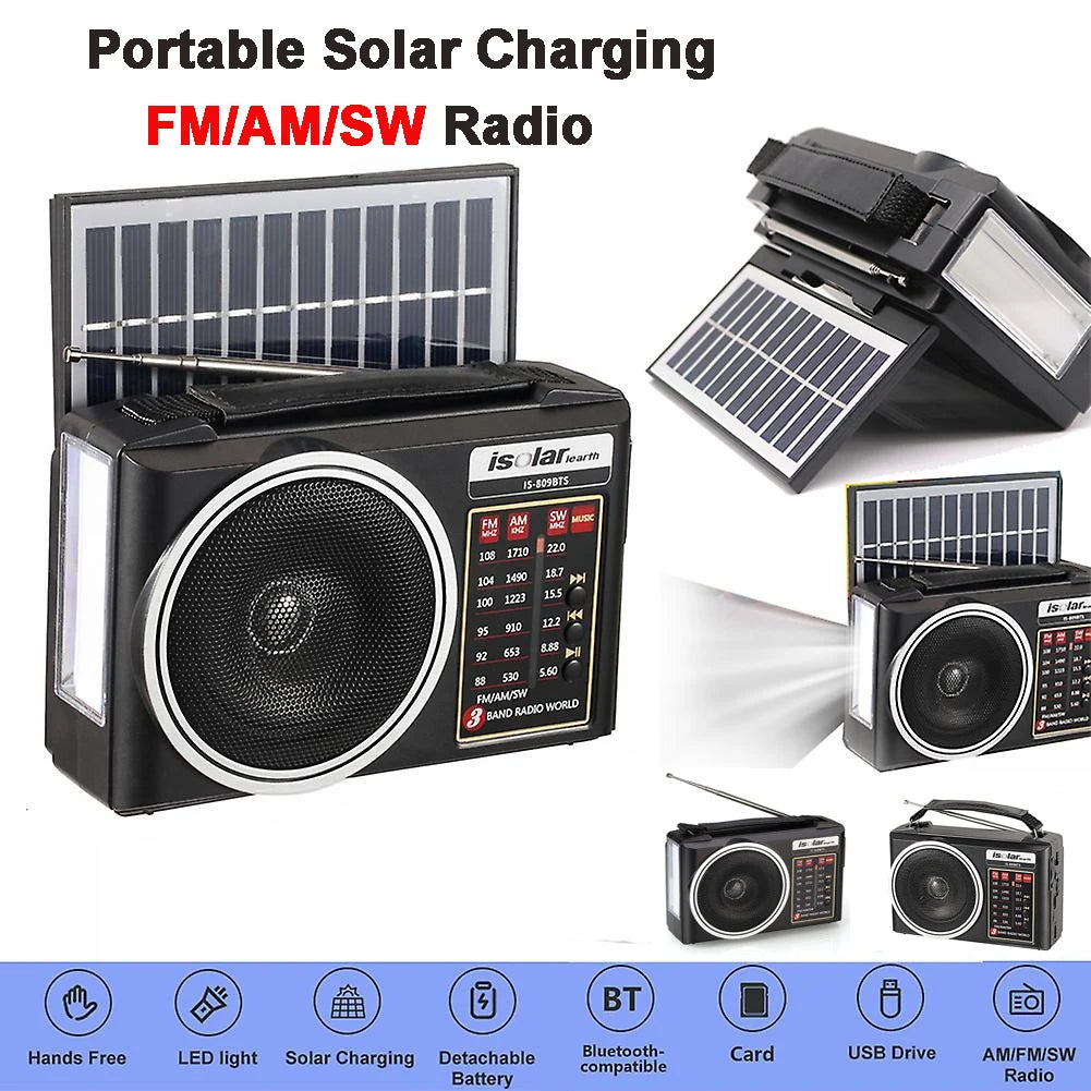 Radio portátil FM/AM/SW solar de emergencia con altavoz Bluetooth