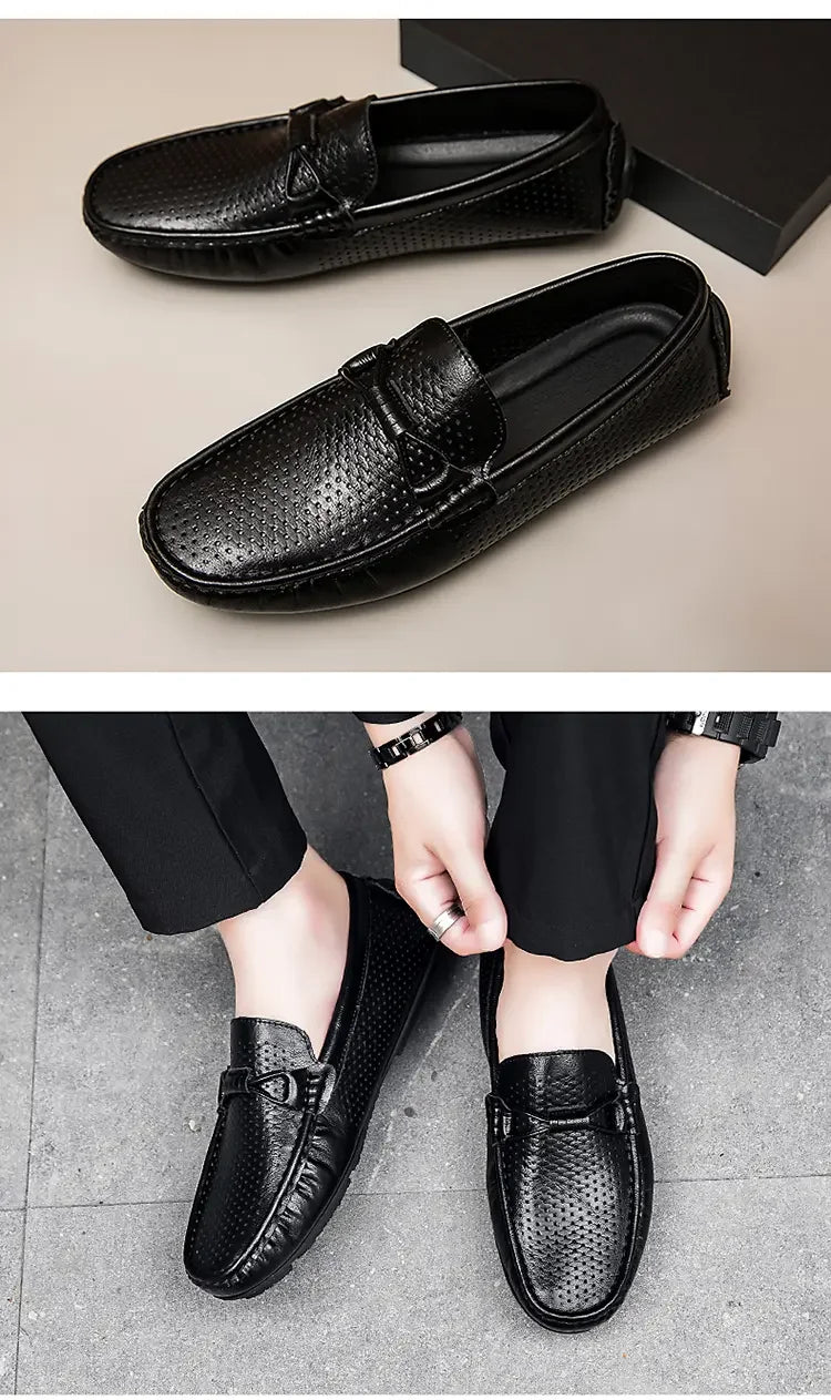 Mocasines de cuero genuino sin cordones para hombre, elaborados a mano