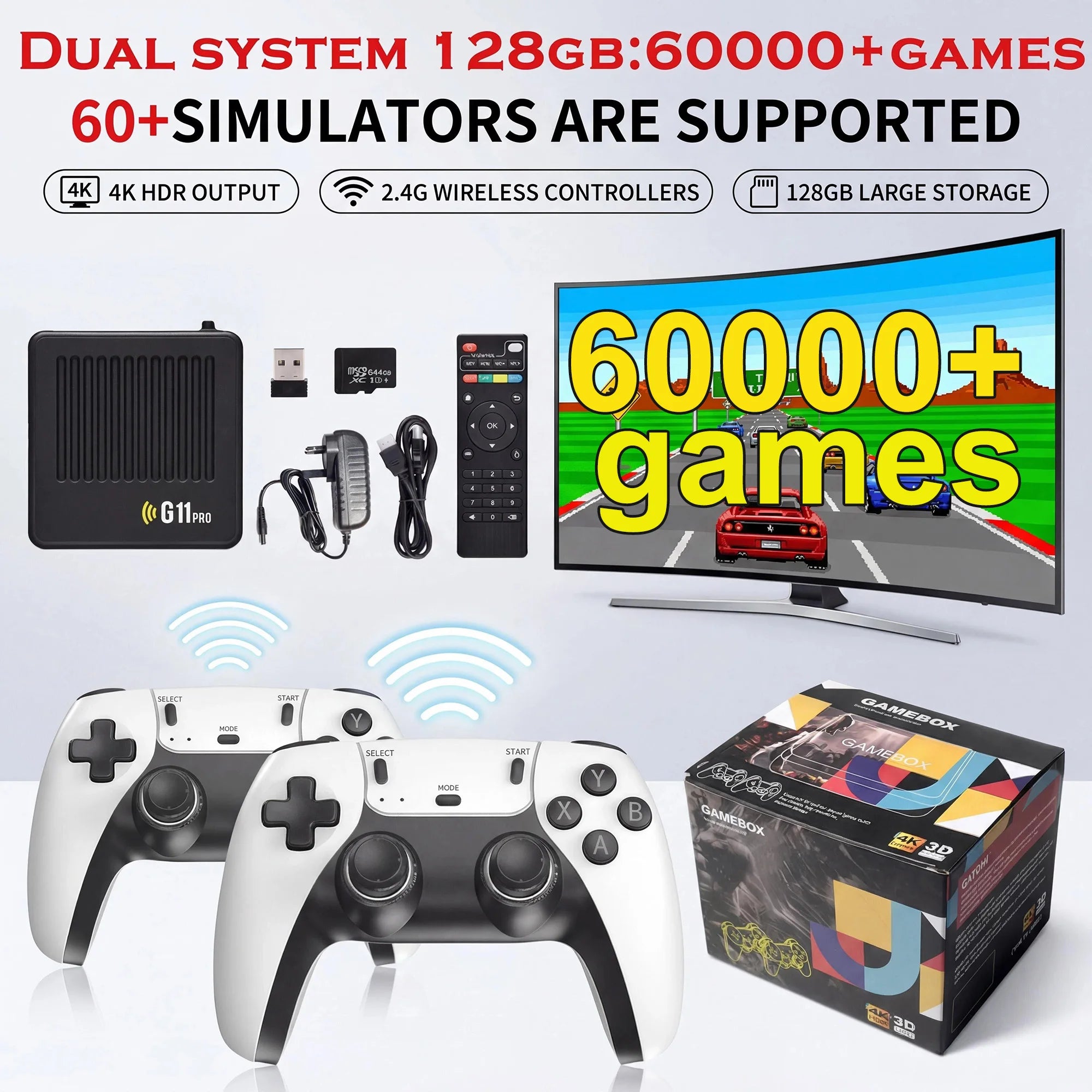 Reproductor multimedia y de juegos portátil G11 PRO 2 en 1 con pantalla 4K HD, chip de rendimiento estable, gran cantidad de juegos clásicos y casuales preinstalados y mandos inalámbricos; ideal para reuniones familiar