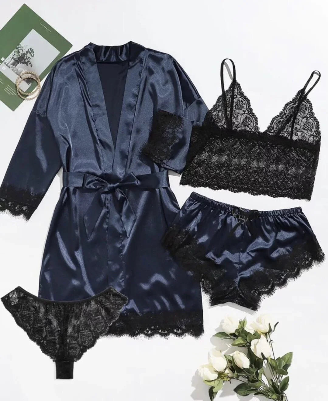 Conjunto de Pijama Sexy para Mujer 4 Piezas con Encaje