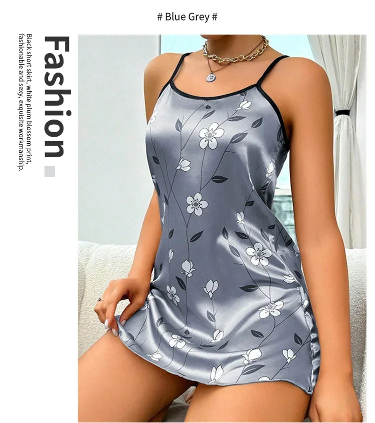 Ropa de dormir para mujer, camisón de satén con estampado Floral de verano, vestido de noche informal sin mangas con espalda descubierta, camisón Sexy, ropa para el hogar