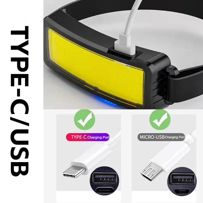 Linterna Frontal Recargable COB USB Tipo-C Impermeable para Camping