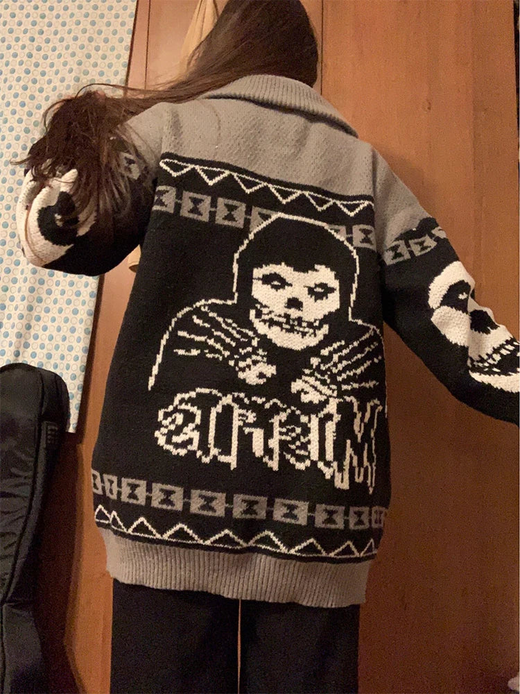 Otoño Invierno y2k retrato impreso Harajuku hombres suéter moda manga larga cálido gótico fantasma tejido cardigan pareja abrigo