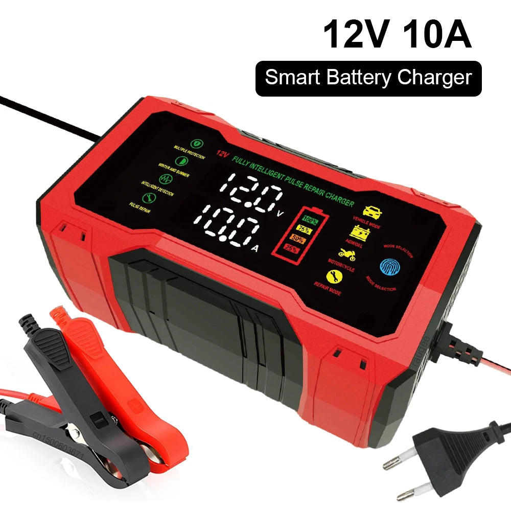 Cargador de batería inteligente 12V 10A con pantalla LCD para autos y motos