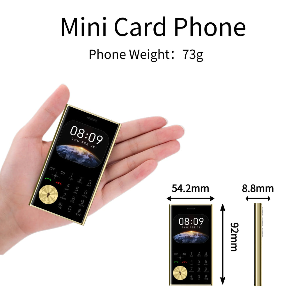 Mini teléfono de tamaño de tarjeta de crédito desbloqueado, doble SIM, pantalla ultrafina de 2,0 ", cambiador de voz para teléfono móvil, linterna con esfera de velocidad