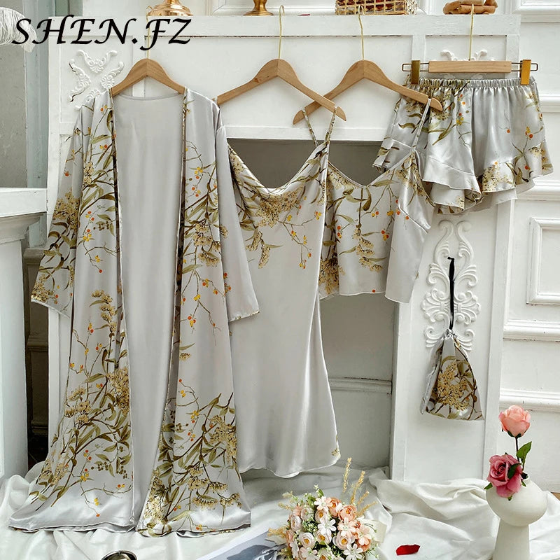 Pijama de Satén 4 Piezas para Mujer | Bata, Camisón y Conjunto