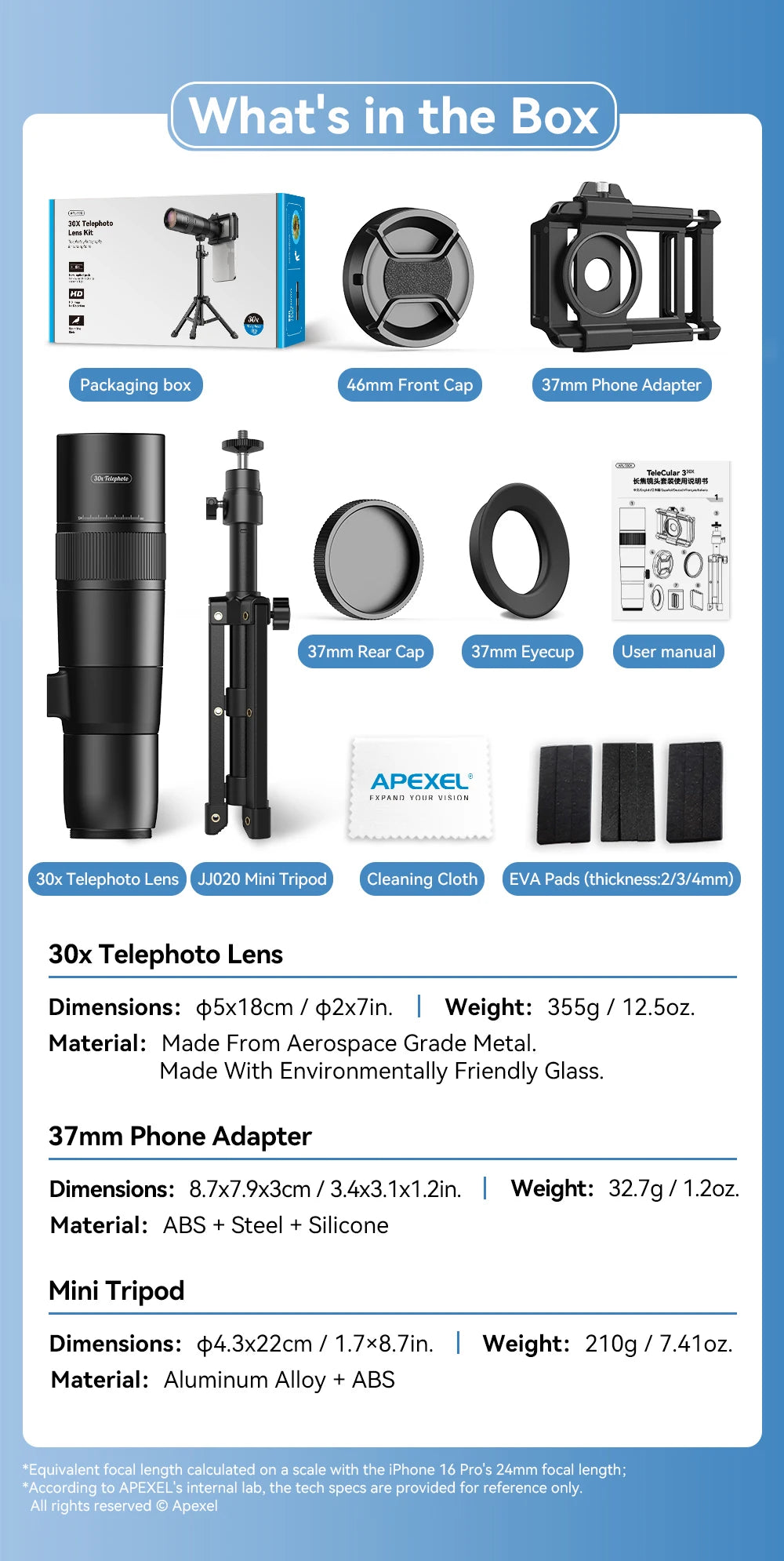 APEXEL Teleobjetivo Monocular 30x con Trípode para Teléfono
