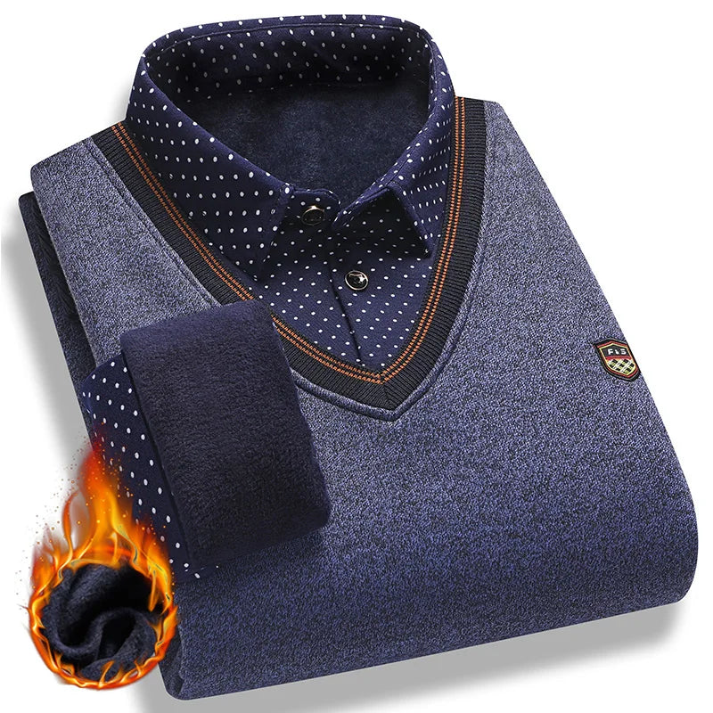 Suéter de felpa para hombre, jersey falso de dos piezas para otoño e invierno, Polo con cuello de lana, Top grueso y cálido, jerséis informales