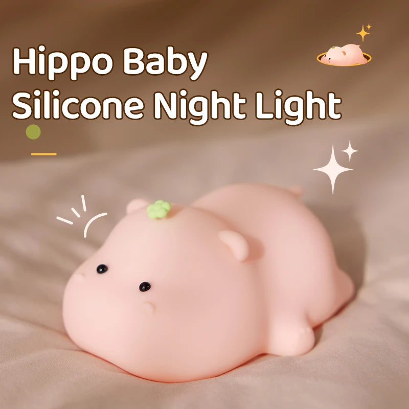 Luz nocturna de hipopótamo rosa para niños, Linda luz nocturna de silicona, carga USB, lámpara de sincronización táctil, decoración de escritorio, regalo