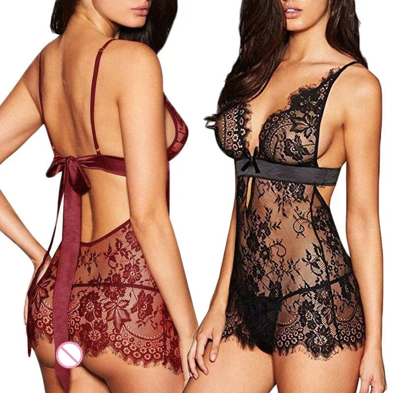 Babydoll de Encaje con Espalda Descubierta, Lencería Sexy