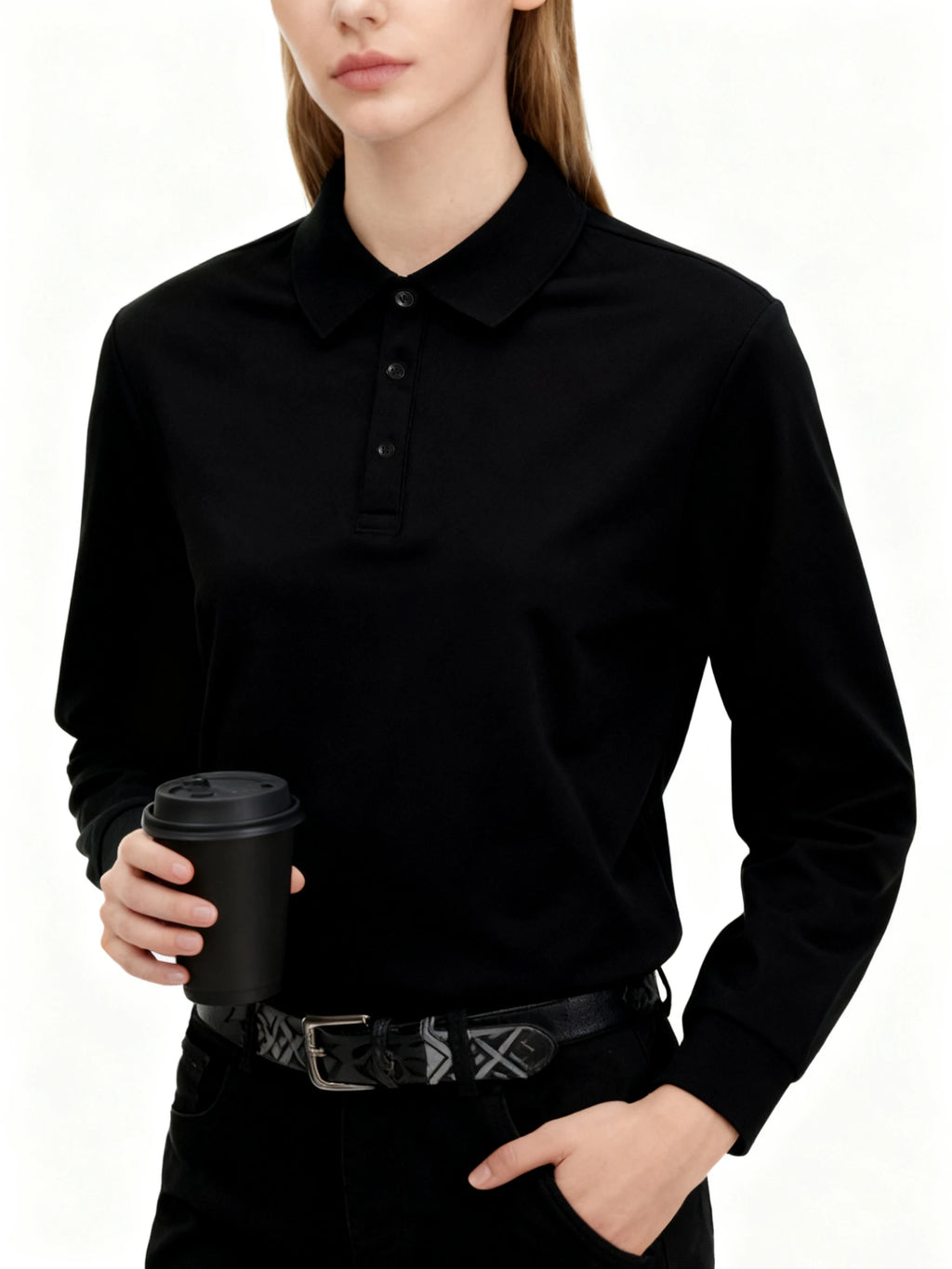 Polo de Manga Larga Ajustado para Mujer, Cuello con Solapa