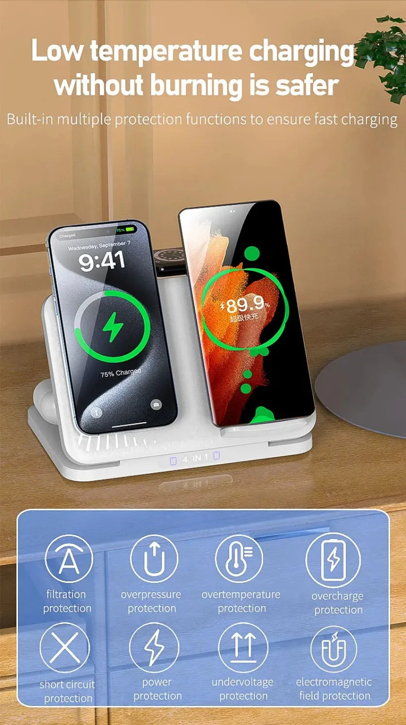 Cargador Inalámbrico 4 en 1 para Dos Teléfonos, Compatible con iPhone 17~12, Samsung S25, Xiaomi, Airpods Pro, Apple Watch 11~2, Carga Rápida Magnética