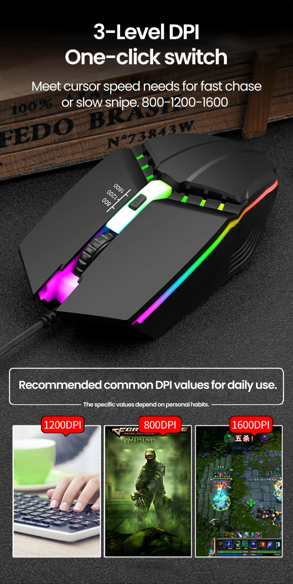 Ratones USB silenciosos con retroiluminación RGB, ratón para juegos con cable USB para PC de escritorio, portátil, ordenador, hogar y oficina, LED luminoso de 1600DPI