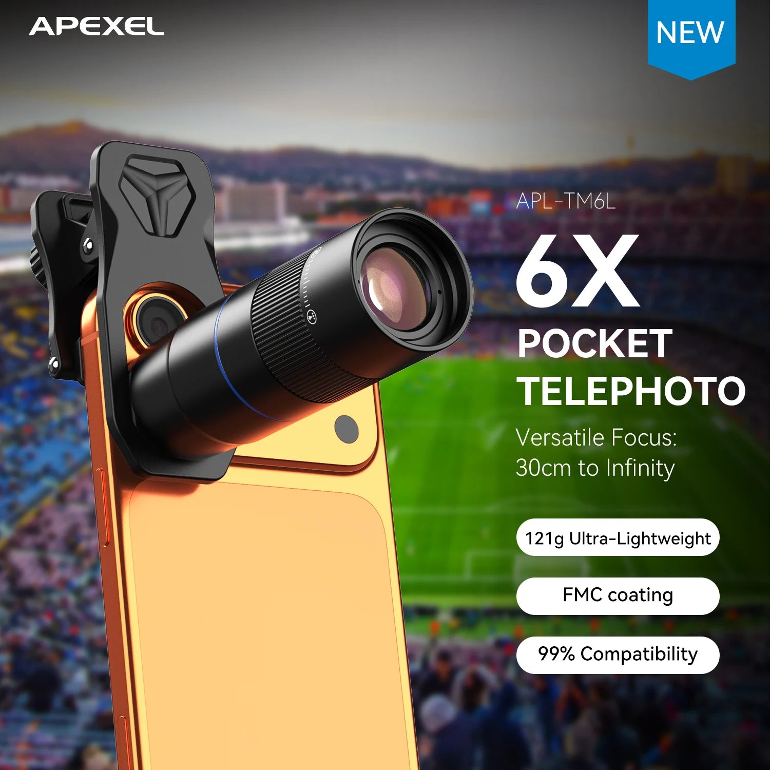 Lente Teleobjetivo APEXEL HD 6X para iPhone, Samsung y Smartphones