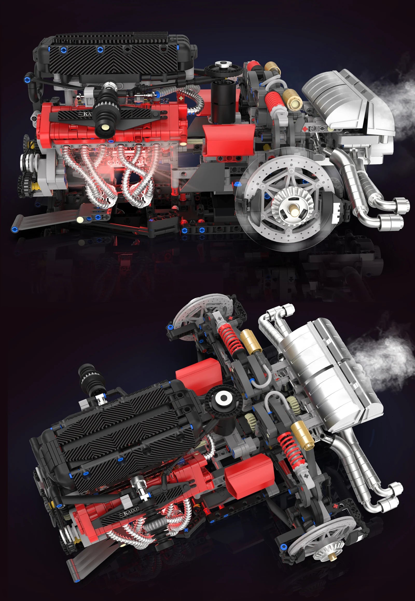 Juego de modelos de ensamblaje de bloques de construcción de motor V12 de 1610 Uds.-Kit MOC programable con control remoto por aplicación con luces y pulverización