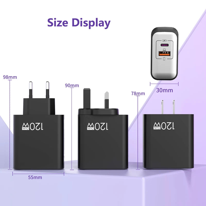 Cargador GaN 120W A+C EU/US/UK con Carga Rápida para Móviles