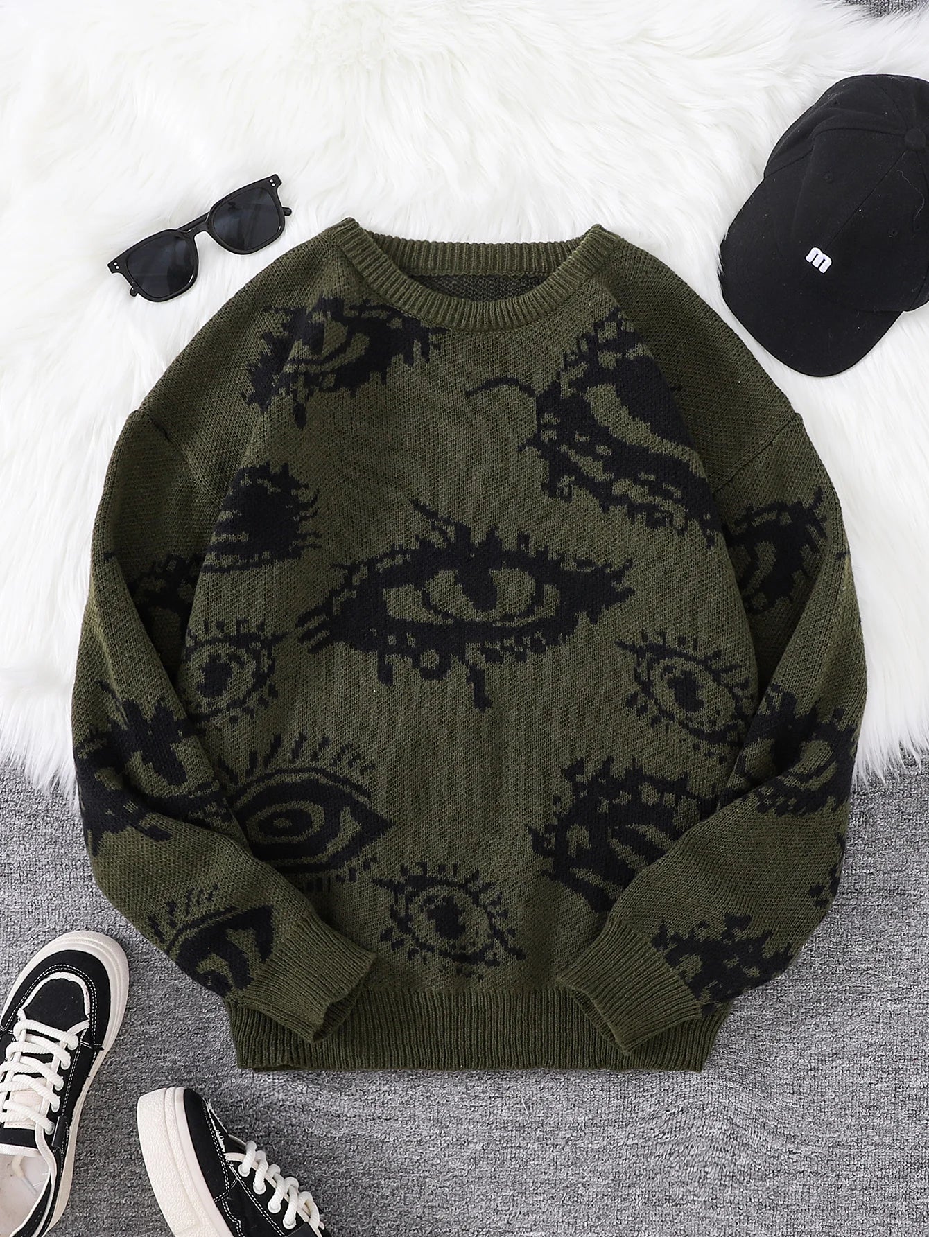 Nuevo Jersey Popular de otoño e invierno con diseño de Jacquard de ojos abstractos, suéter informal de punto con cuello redondo para hombre