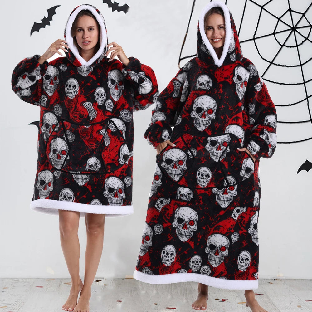 Sudaderas con capucha para mujer, Top de manga larga esponjoso y cálido en negro y gris, sudadera con capucha de fantasma y calavera de calabaza para Halloween, manta de gran tamaño para adultos, ropa de invierno