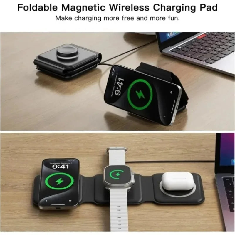 Cargador Inalámbrico Plegable 3 en 1 de Carga Rápida para Escritorio, Compatible con iPhone 17 16 15 14 13 Pro Max, iWatch 10 9 8 7 6, AirPods Pro 2