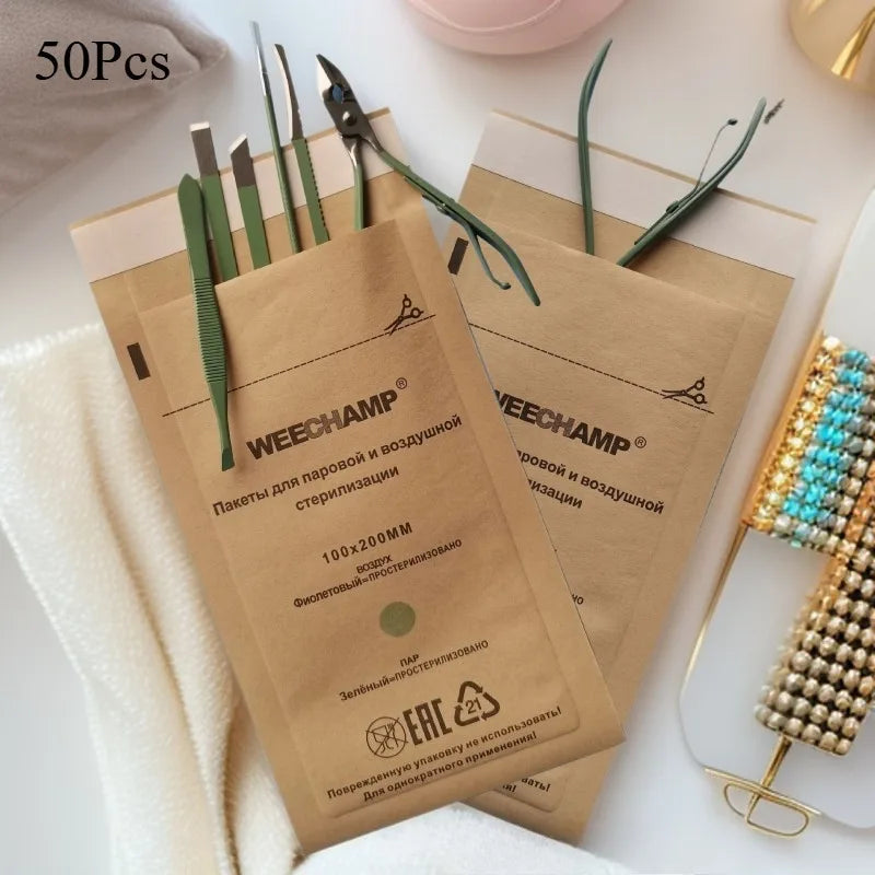 50 Bolsas Esterilizadoras para Uñas, Bolsas de Papel Kraft para Manicura, Herramientas de Limpieza para Arte de Uñas, Accesorios Desechables para Desinfección de Uñas