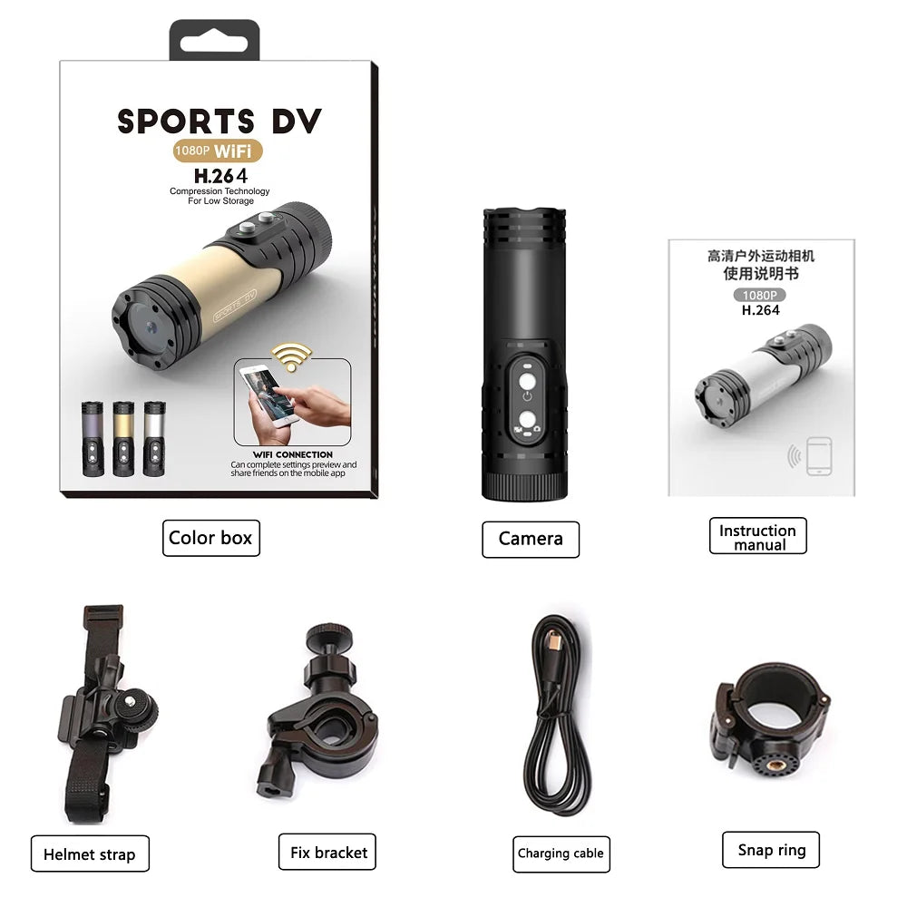 Cámara de acción FHD 1080P WiFi para bicicleta y casco, impermeable IP66