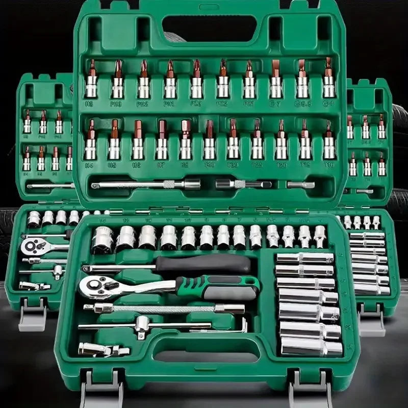 Kit avanzado de reparación de automóviles, caja de herramientas verde, juego de herramientas profesionales con trinquete de 46 piezas, elementos esenciales para mantenimiento de automóviles