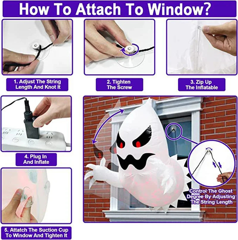 Fantasma de ventana gigante grande de 70cm, fantasma aterrador de Halloween que viene fuera de la ventana, fiesta inflable, decoración de césped y jardín exterior