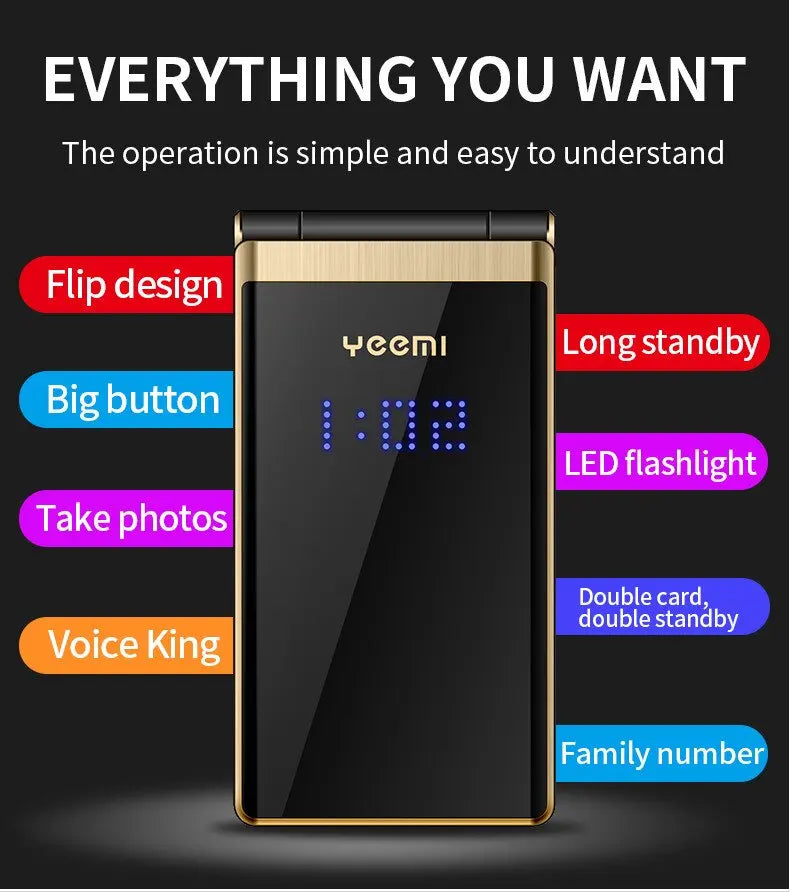 Teléfono Flip YEEMI M2-C para Adultos Mayores 2G Dual SIM