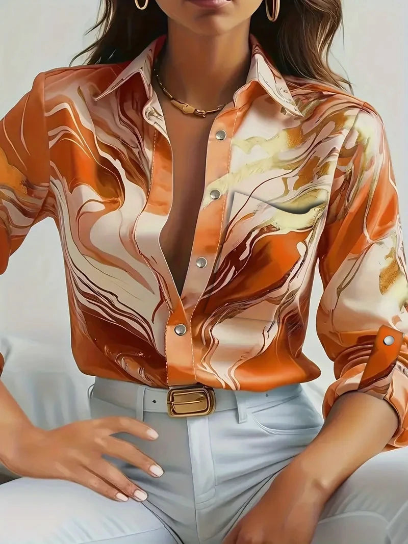Camisa de Manga Larga con Botones y Cuello en V Estampada para Mujer, Informal